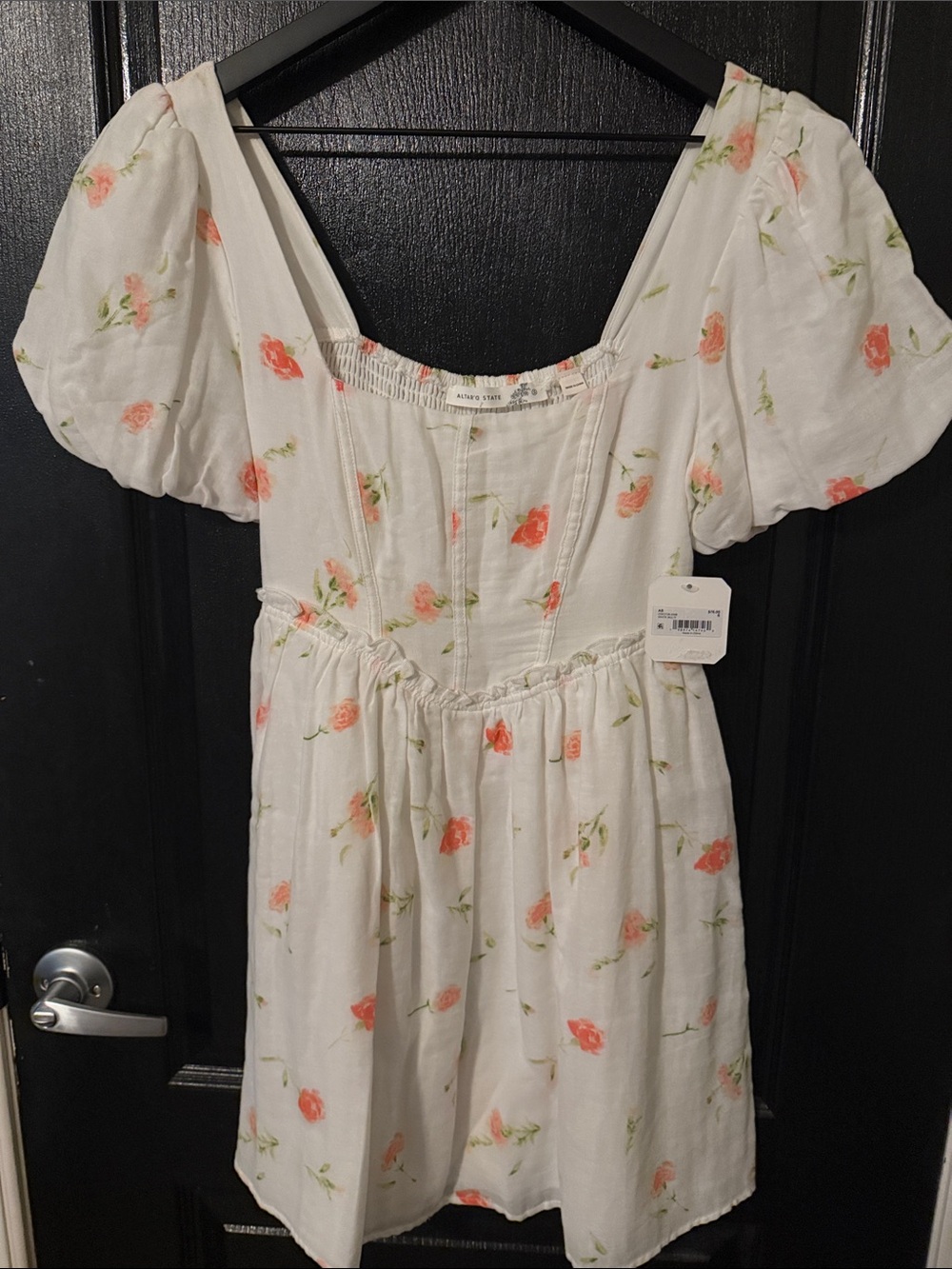 Altar’d State White Floral Puff-Sleeve Dress with Pink Roses
